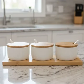 3-Piece Ceramic Condiment Jar Set with Bamboo Lids, Spoons &amp; Tray - Spice