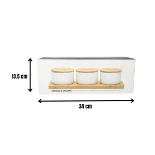 3-Piece Ceramic Condiment Jar Set with Bamboo Lids, Spoons &amp; Tray - Spice