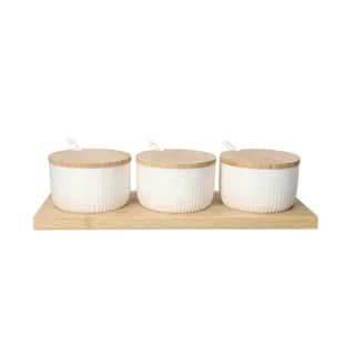 3-Piece Ceramic Condiment Jar Set with Bamboo Lids, Spoons & Tray - Spice
