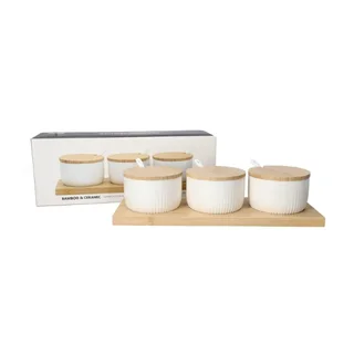 3-Piece Ceramic Condiment Jar Set with Bamboo Lids, Spoons &amp; Tray - Spice