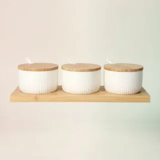3-Piece Ceramic Condiment Jar Set with Bamboo Lids, Spoons &amp; Tray - Spice