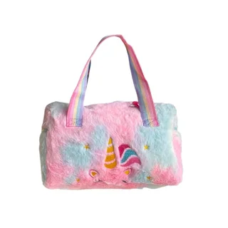 Plush Unicorn Handbag - Kid's Rainbow Furry Bag - Blue