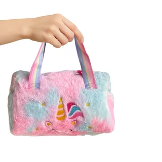 Plush Unicorn Handbag - Kid&#39;s Rainbow Furry Bag - Blue