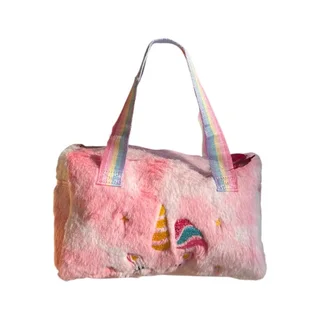 Plush Unicorn Handbag - Kid's Rainbow Furry Bag - White