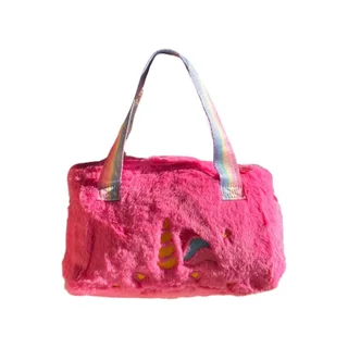 Plush Unicorn Handbag - Kid's Rainbow Furry Bag - Red