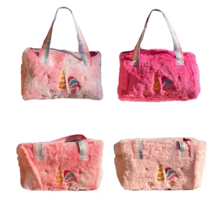 Plush Unicorn Handbag - Kid&#39;s Rainbow Furry Bag - Red