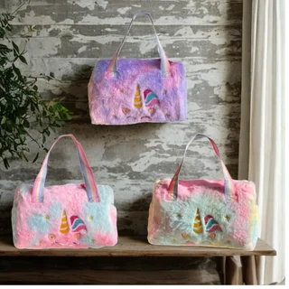 Plush Unicorn Handbag - Kid&#39;s Rainbow Furry Bag - Red