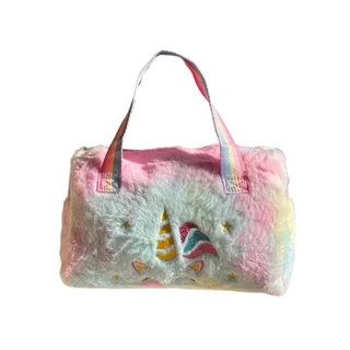 Plush Unicorn Handbag - Kid&#39;s Rainbow Furry Bag - Yellow