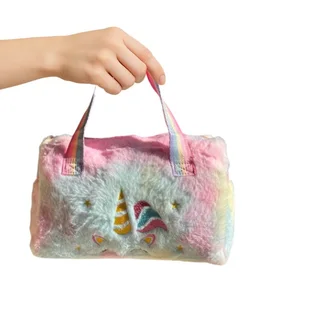 Plush Unicorn Handbag - Kid&#39;s Rainbow Furry Bag - Yellow