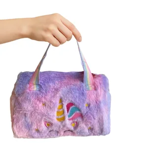 Plush Unicorn Handbag - Kid&#39;s Rainbow Furry Bag - Purple