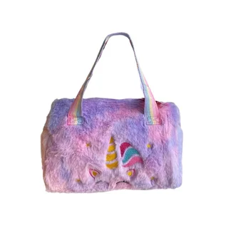 Plush Unicorn Handbag - Kid&#39;s Rainbow Furry Bag - Purple