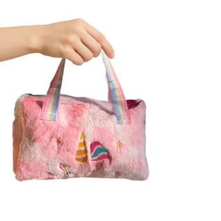 Plush Unicorn Handbag - Kid&#39;s Rainbow Furry Bag - Pink