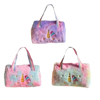 Plush Unicorn Handbag - Kid&#39;s Rainbow Furry Bag - Pink