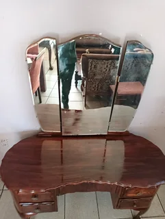 Imbuia wood dressing table with swivel gladed mirror and chair