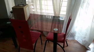 Glass table, with 2 chairs