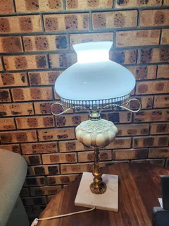 Vintage &#34;gone with the wind&#34; hurricane lamp with a milk glass globe and marble base