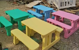 Kids wooden benches with tables at low prices