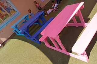 Kids wooden benches with tables at low prices